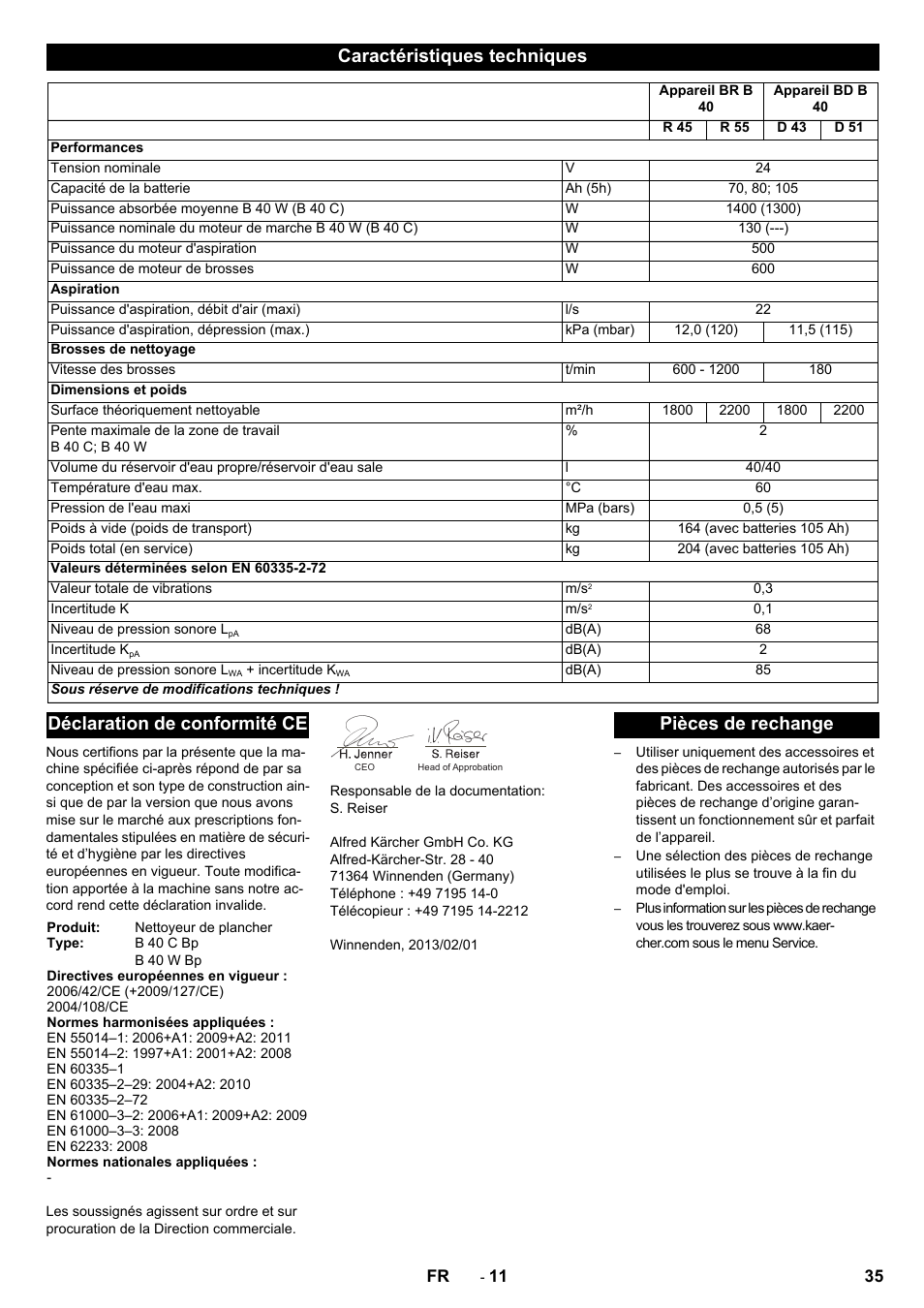 Caractéristiques techniques, Déclaration de conformité ce, Pièces de rechange | Karcher B 60 W User Manual | Page 35 / 308