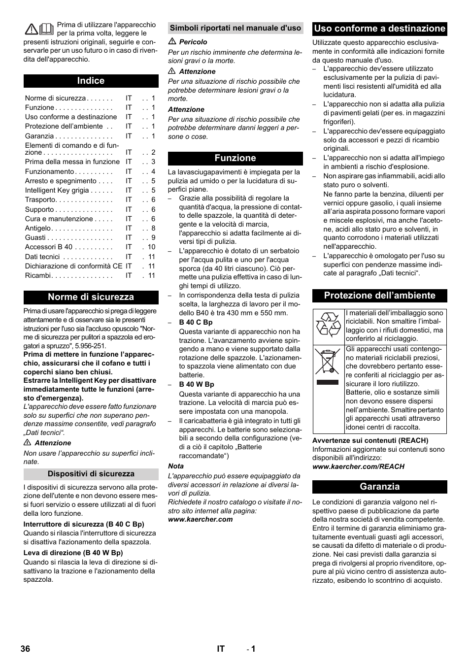 Italiano, Indice, Norme di sicurezza | Garanzia | Karcher B 60 W User Manual | Page 36 / 308