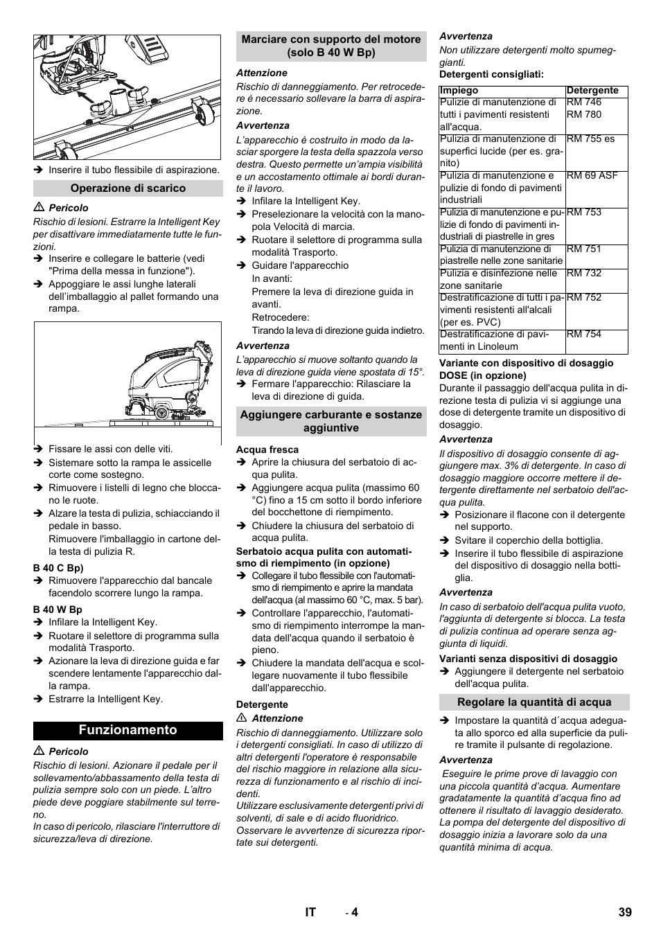 Funzionamento | Karcher B 60 W User Manual | Page 39 / 308