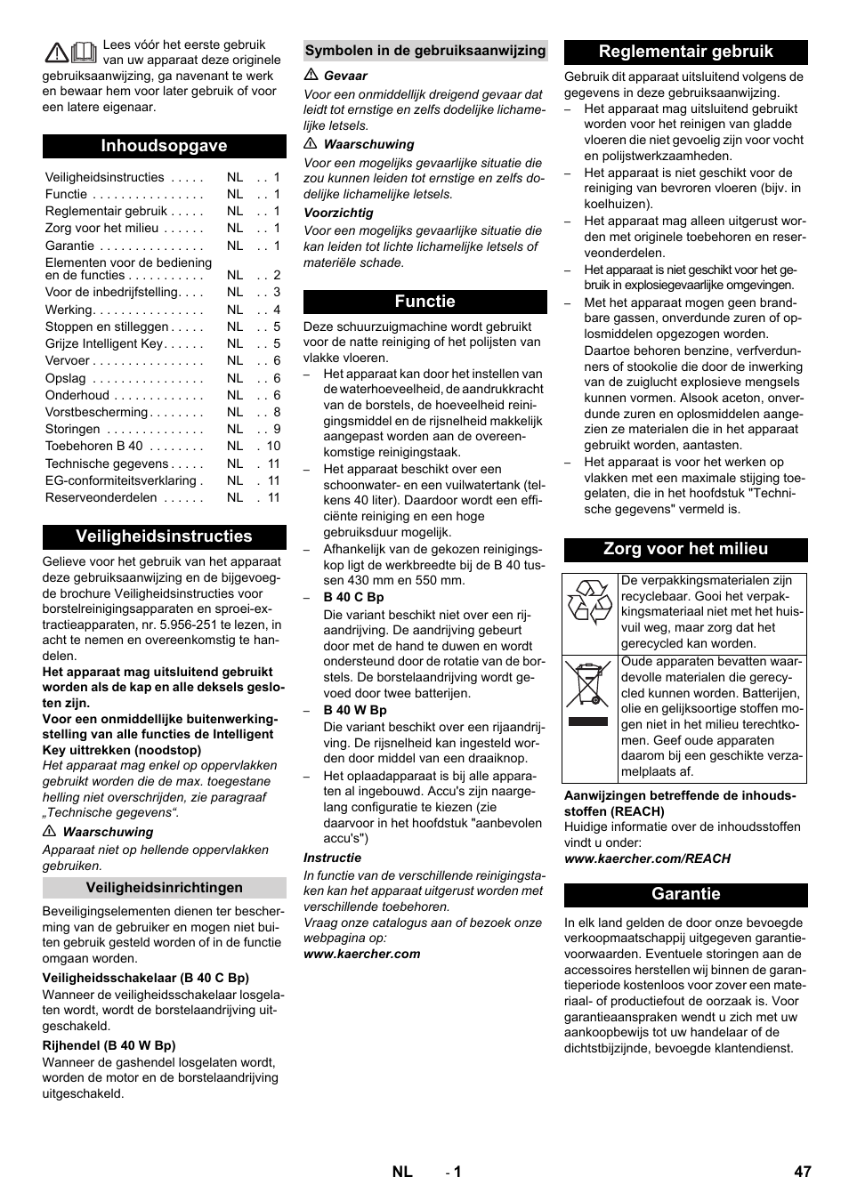 Nederlands, Inhoudsopgave, Veiligheidsinstructies | Functie reglementair gebruik zorg voor het milieu, Garantie | Karcher B 60 W User Manual | Page 47 / 308