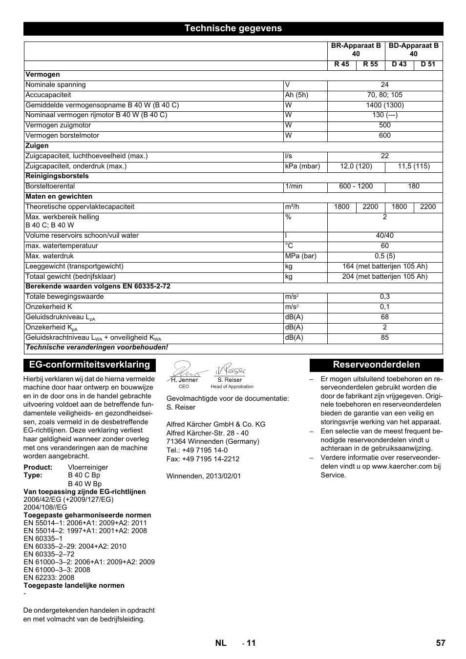 Technische gegevens, Eg-conformiteitsverklaring, Reserveonderdelen | Karcher B 60 W User Manual | Page 57 / 308