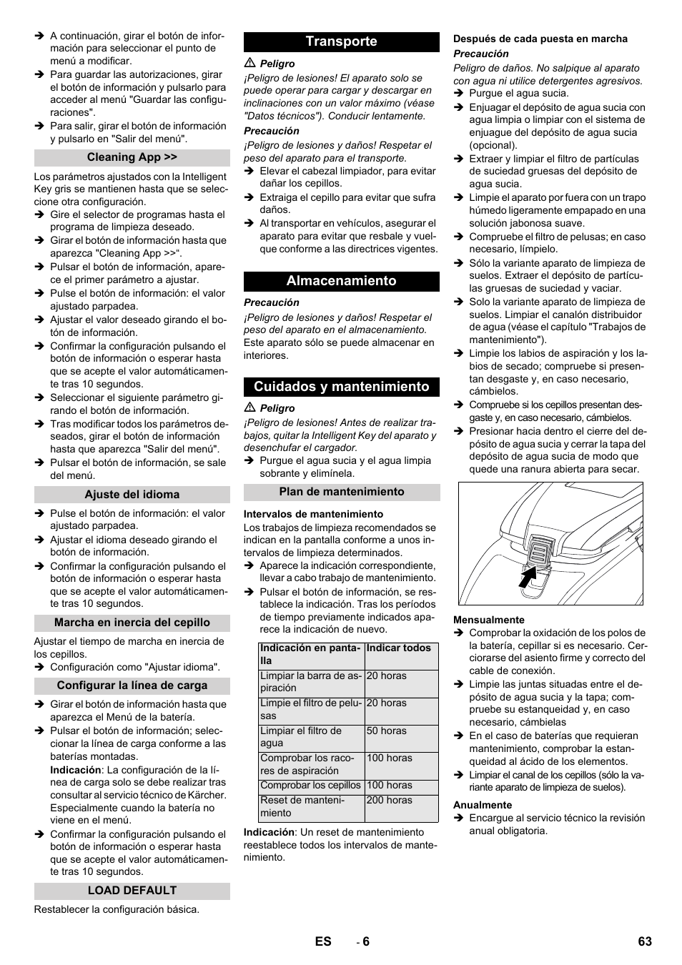 Transporte almacenamiento cuidados y mantenimiento | Karcher B 60 W User Manual | Page 63 / 308