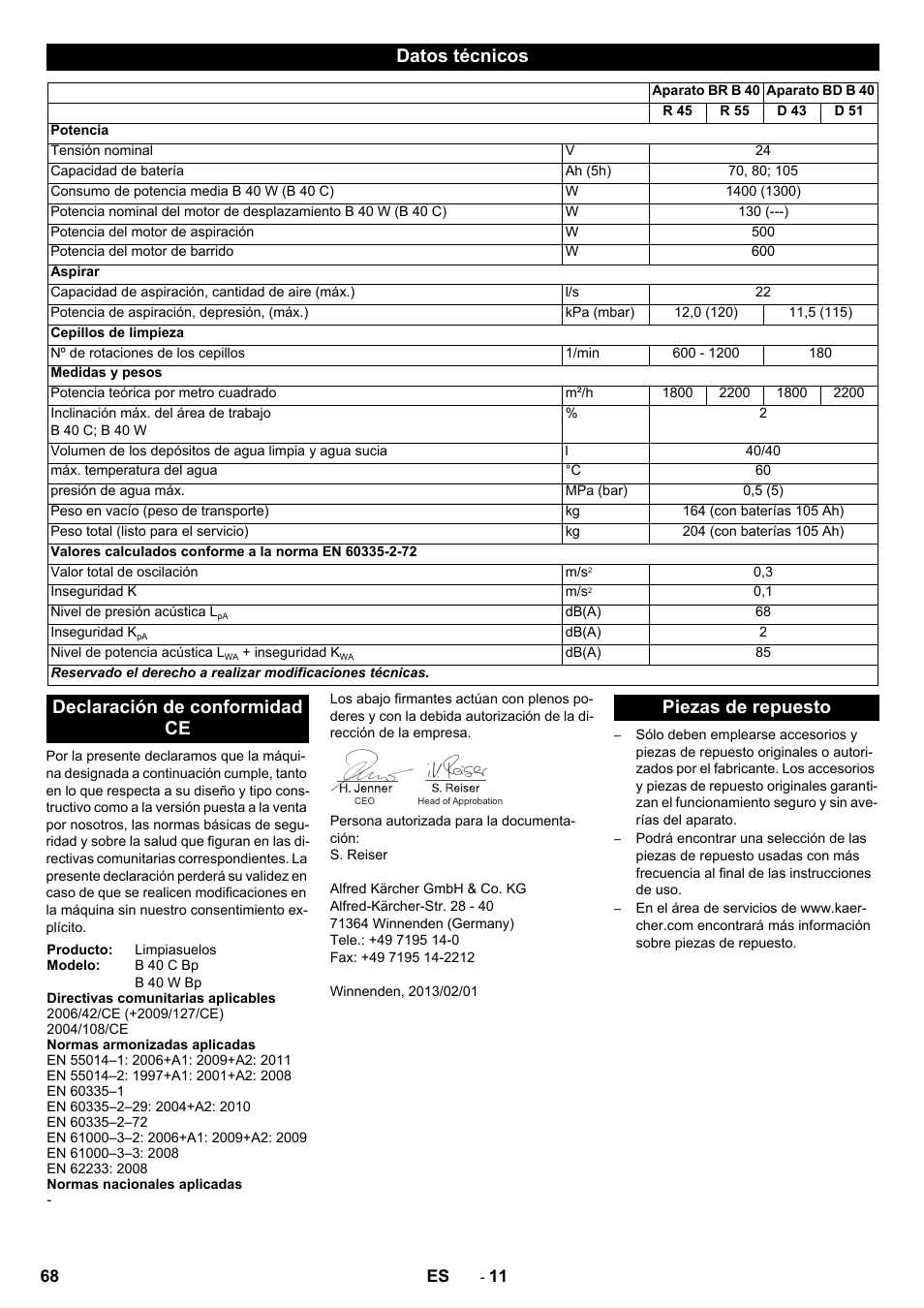 Datos técnicos, Declaración de conformidad ce, Piezas de repuesto | Karcher B 60 W User Manual | Page 68 / 308