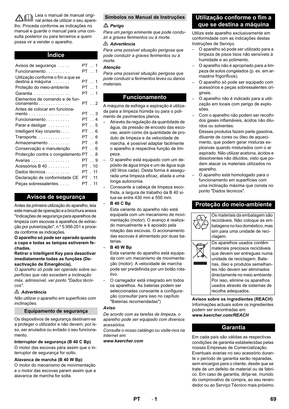 Português, Índice, Avisos de segurança | Garantia | Karcher B 60 W User Manual | Page 69 / 308