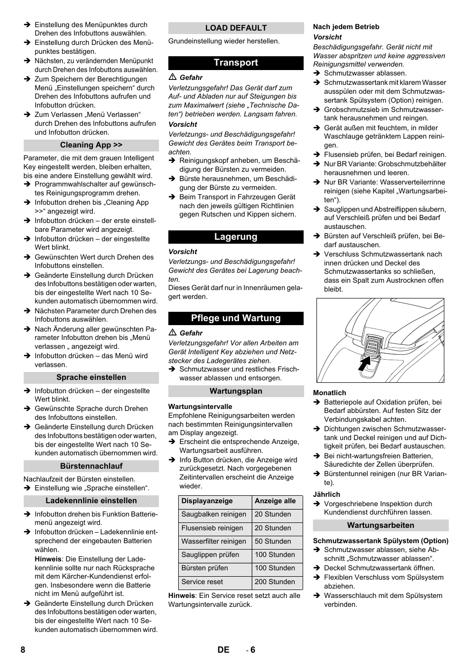 Transport lagerung pflege und wartung | Karcher B 60 W User Manual | Page 8 / 308
