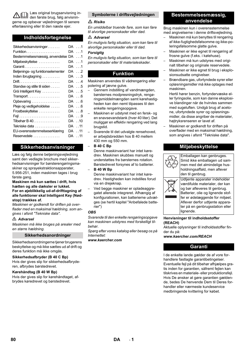 Dansk, Indholdsfortegnelse, Sikkerhedsanvisninger | Garanti | Karcher B 60 W User Manual | Page 80 / 308