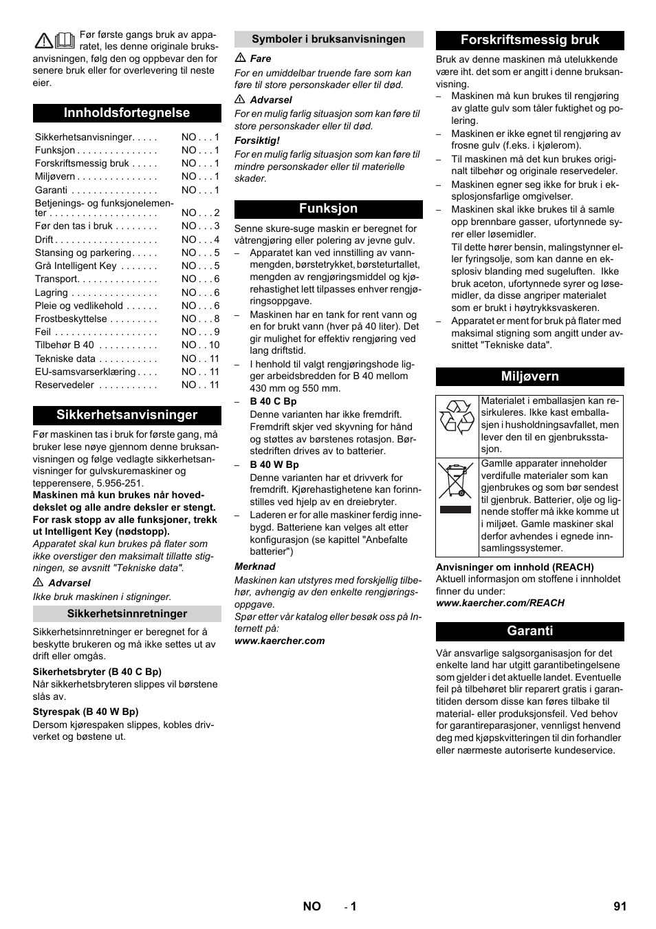 Norsk, Innholdsfortegnelse, Sikkerhetsanvisninger | Funksjon forskriftsmessig bruk miljøvern, Garanti | Karcher B 60 W User Manual | Page 91 / 308