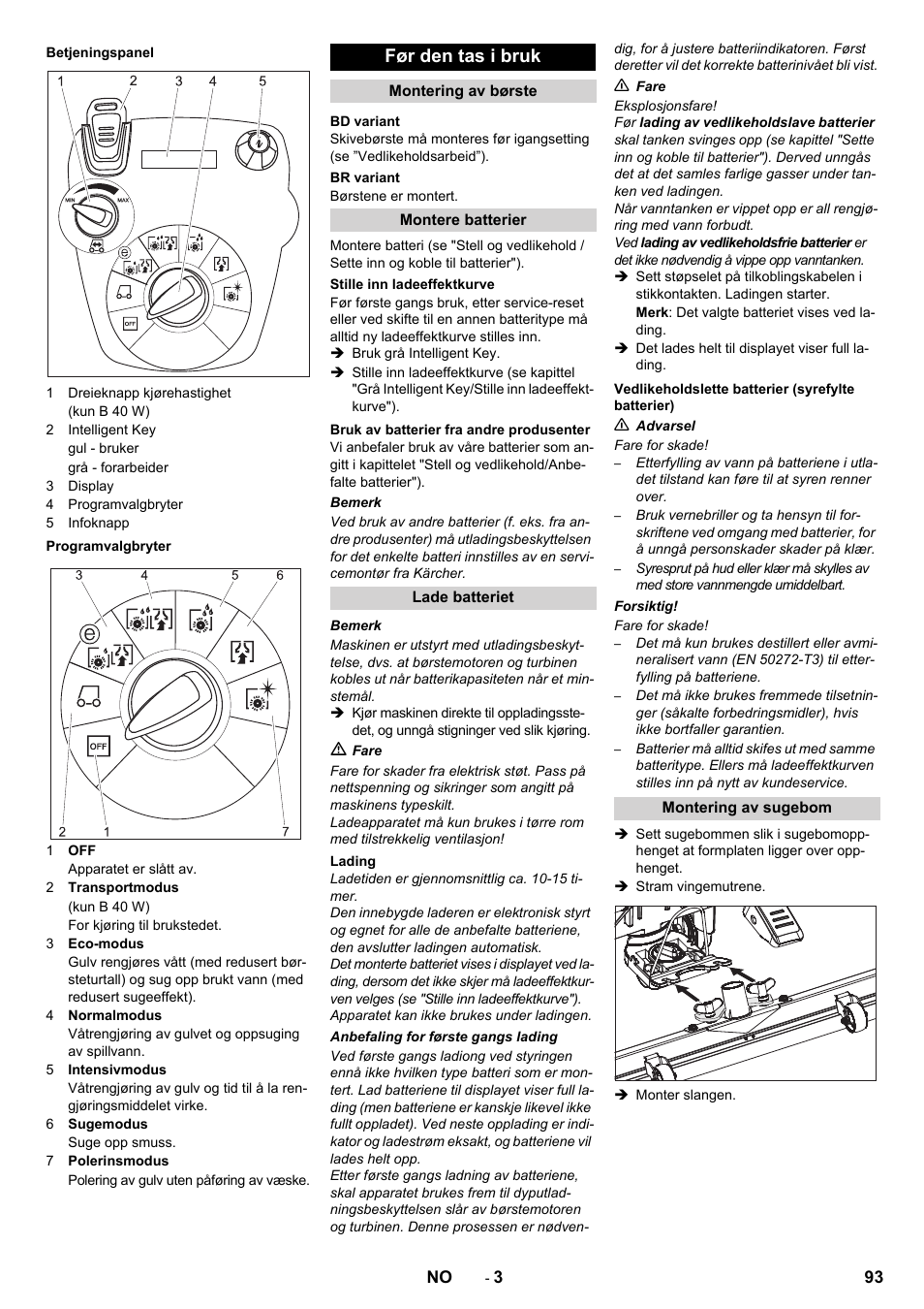 Før den tas i bruk | Karcher B 60 W User Manual | Page 93 / 308