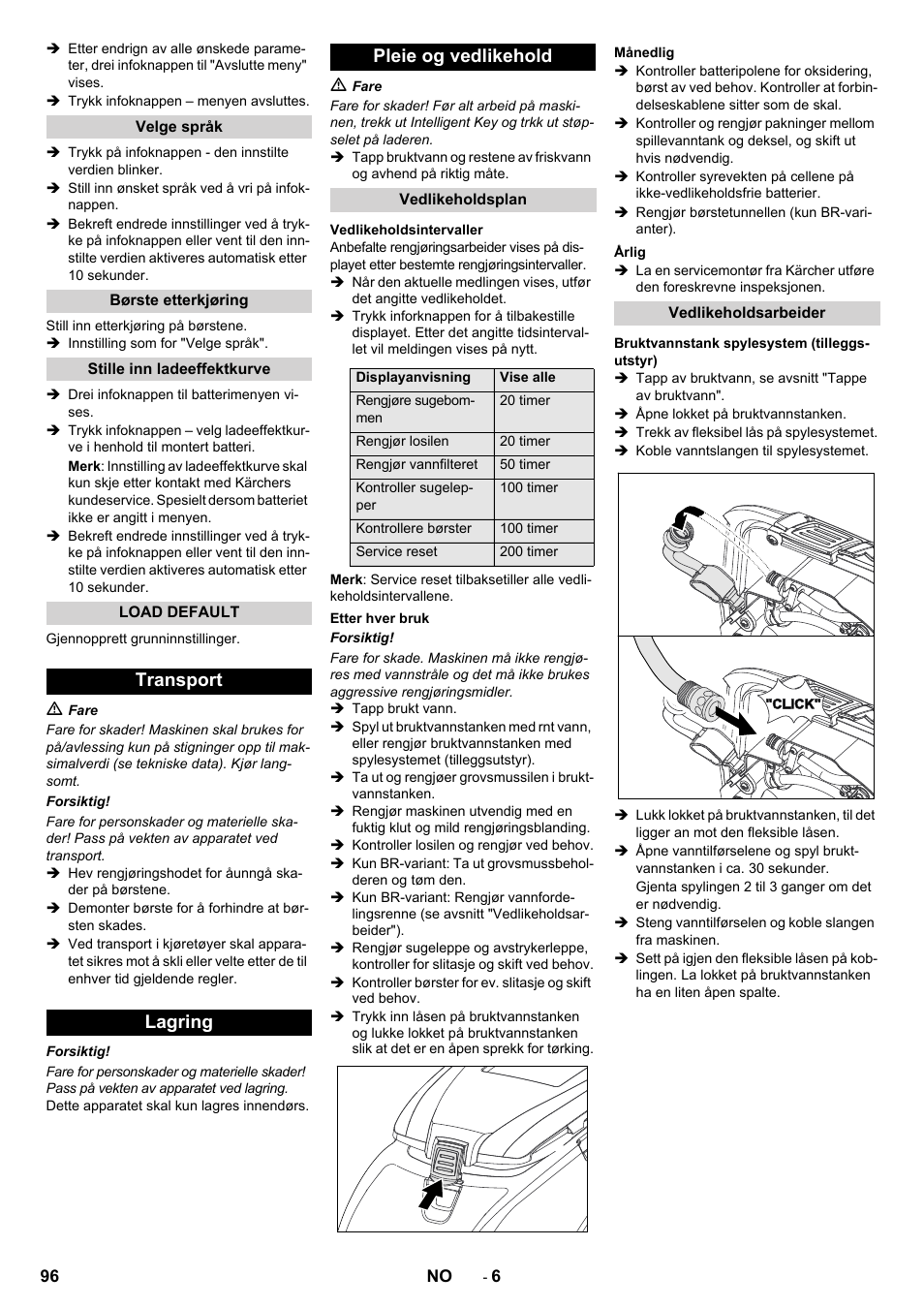 Transport lagring pleie og vedlikehold | Karcher B 60 W User Manual | Page 96 / 308