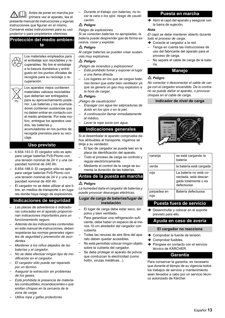 Protección del medio ambien- te, Uso previsto indicaciones de seguridad, Puesta en marcha manejo | Puesta fuera de servicio ayuda en caso de avería, Garantía | Karcher KM 120-150 R Bp Pack User Manual | Page 13 / 36