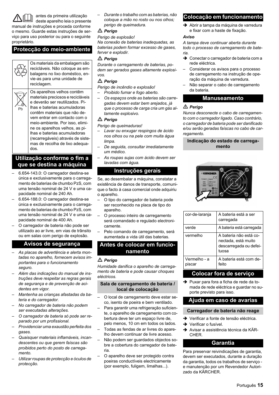 Protecção do meio-ambiente, Colocação em funcionamento manuseamento, Colocar fora de serviço ajuda em caso de avarias | Garantia | Karcher KM 120-150 R Bp Pack User Manual | Page 15 / 36