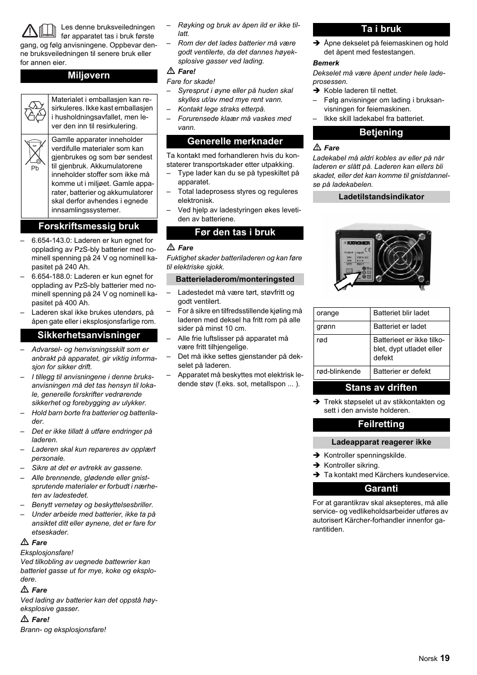 Miljøvern, Forskriftsmessig bruk sikkerhetsanvisninger, Generelle merknader før den tas i bruk | Ta i bruk betjening, Stans av driften feilretting, Garanti | Karcher KM 120-150 R Bp Pack User Manual | Page 19 / 36