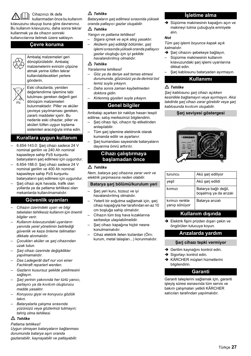 Çevre koruma, Kurallara uygun kullanım güvenlik uyarıları, Genel bilgiler cihazı çalıştırmaya başlamadan önce | Işletime alma kullanımı, Kullanım dışında arızalarda yardım, Garanti | Karcher KM 120-150 R Bp Pack User Manual | Page 27 / 36