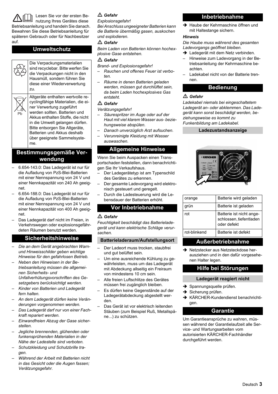 Umweltschutz, Bestimmungsgemäße ver- wendung sicherheitshinweise, Allgemeine hinweise vor inbetriebnahme | Inbetriebnahme bedienung, Außerbetriebnahme hilfe bei störungen, Garantie | Karcher KM 120-150 R Bp Pack User Manual | Page 3 / 36