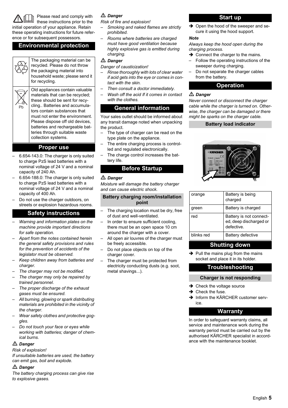 Environmental protection, Proper use safety instructions, General information before startup | Start up operation, Shutting down troubleshooting, Warranty | Karcher KM 120-150 R Bp Pack User Manual | Page 5 / 36