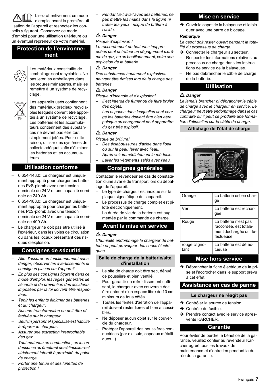 Protection de l’environne- ment, Utilisation conforme consignes de sécurité, Consignes générales avant la mise en service | Mise en service utilisation, Mise hors service assistance en cas de panne, Garantie | Karcher KM 120-150 R Bp Pack User Manual | Page 7 / 36