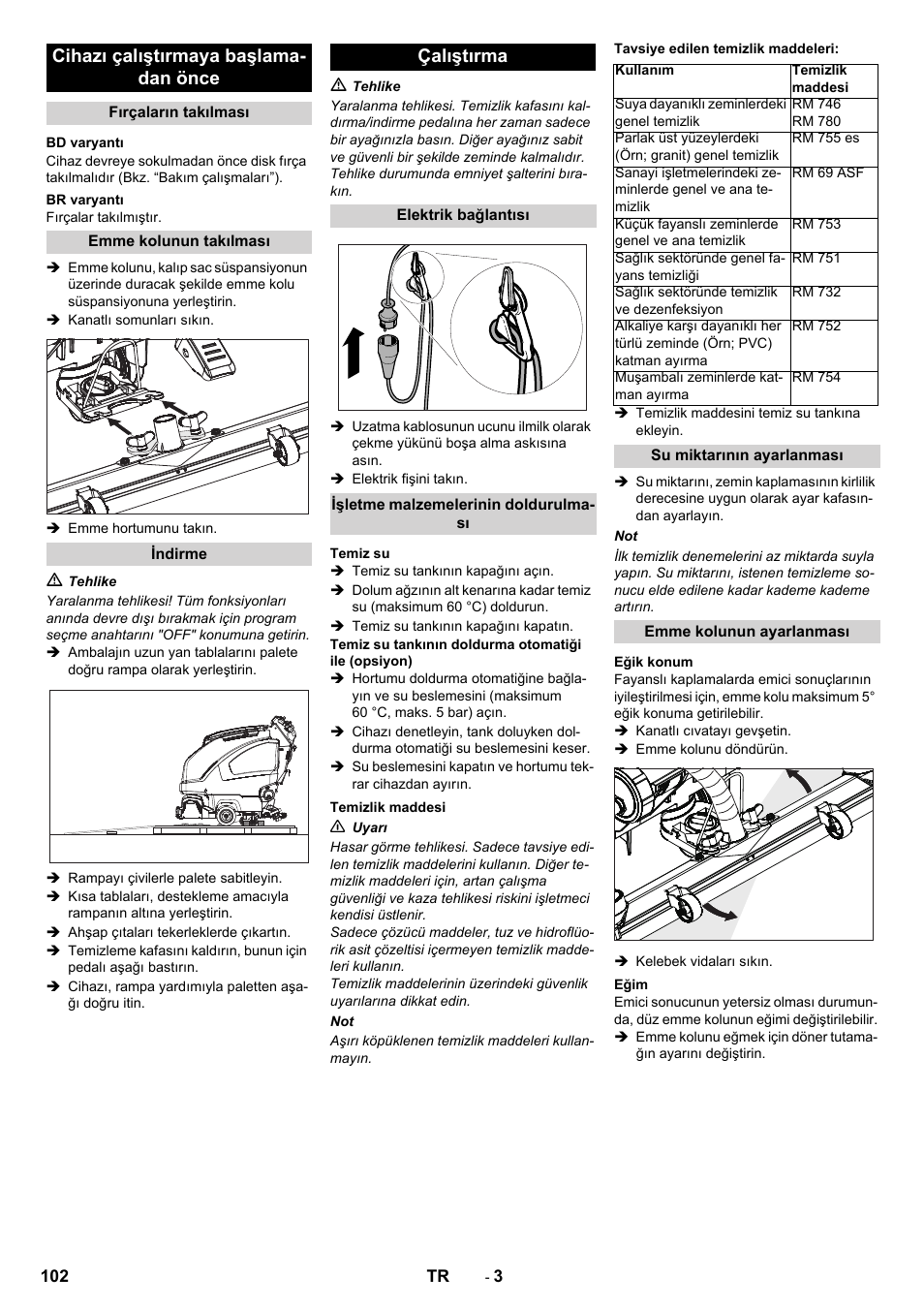Cihazı çalıştırmaya başlama- dan önce, Çalıştırma | Karcher B 40 C Bp R 55 User Manual | Page 102 / 226