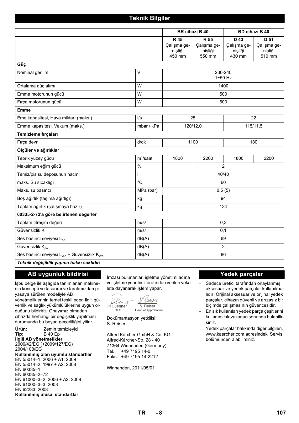 Teknik bilgiler, Ab uygunluk bildirisi, Yedek parçalar | Karcher B 40 C Bp R 55 User Manual | Page 107 / 226