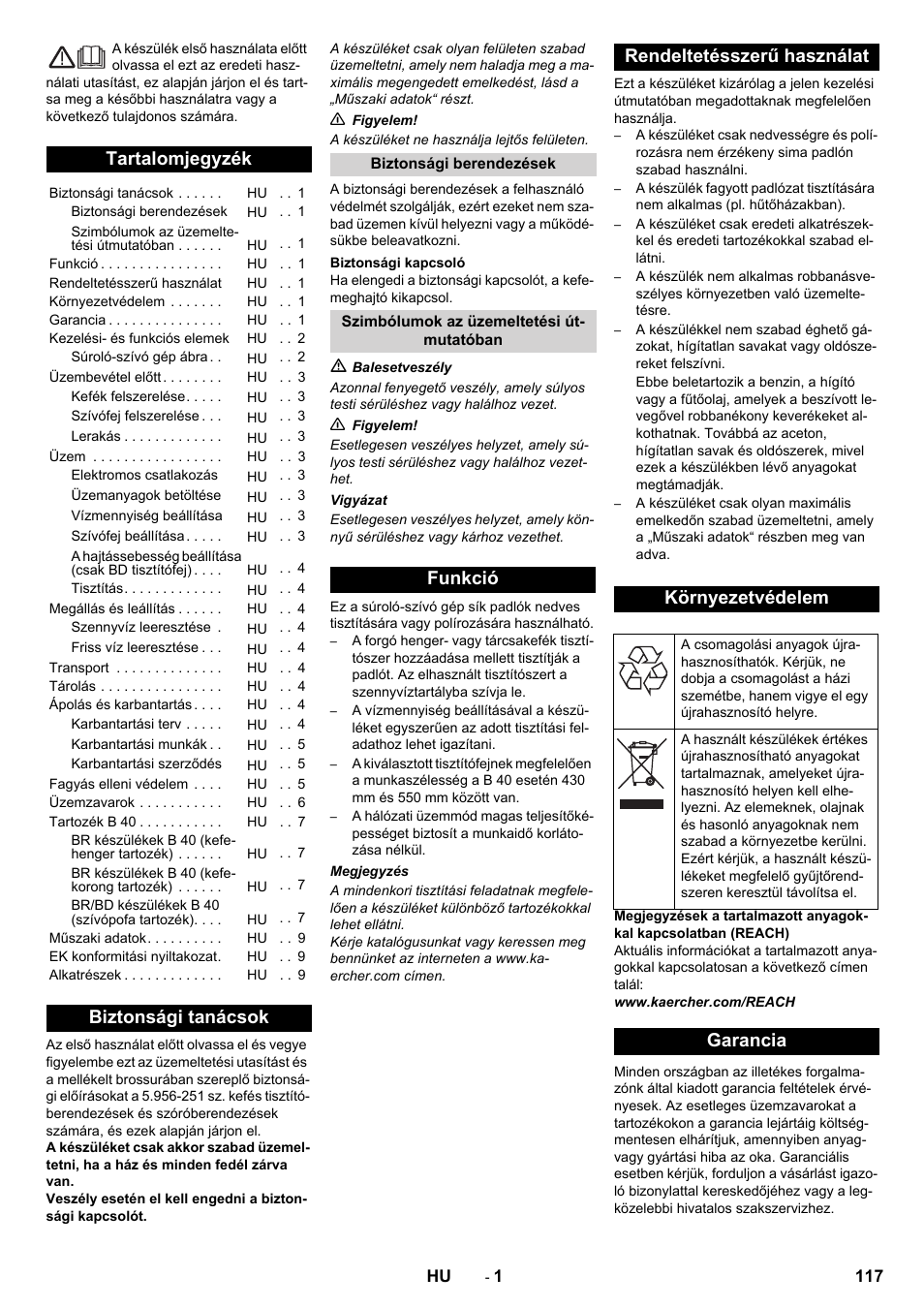 Magyar, Tartalomjegyzék, Biztonsági tanácsok | Garancia | Karcher B 40 C Bp R 55 User Manual | Page 117 / 226