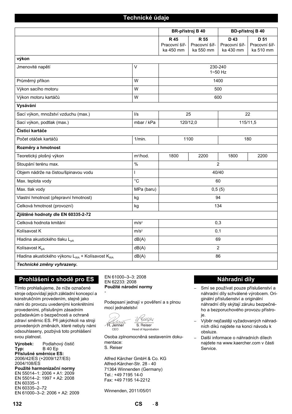 Technické údaje, Prohlášení o shodě pro es, Náhradní díly | Karcher B 40 C Bp R 55 User Manual | Page 132 / 226