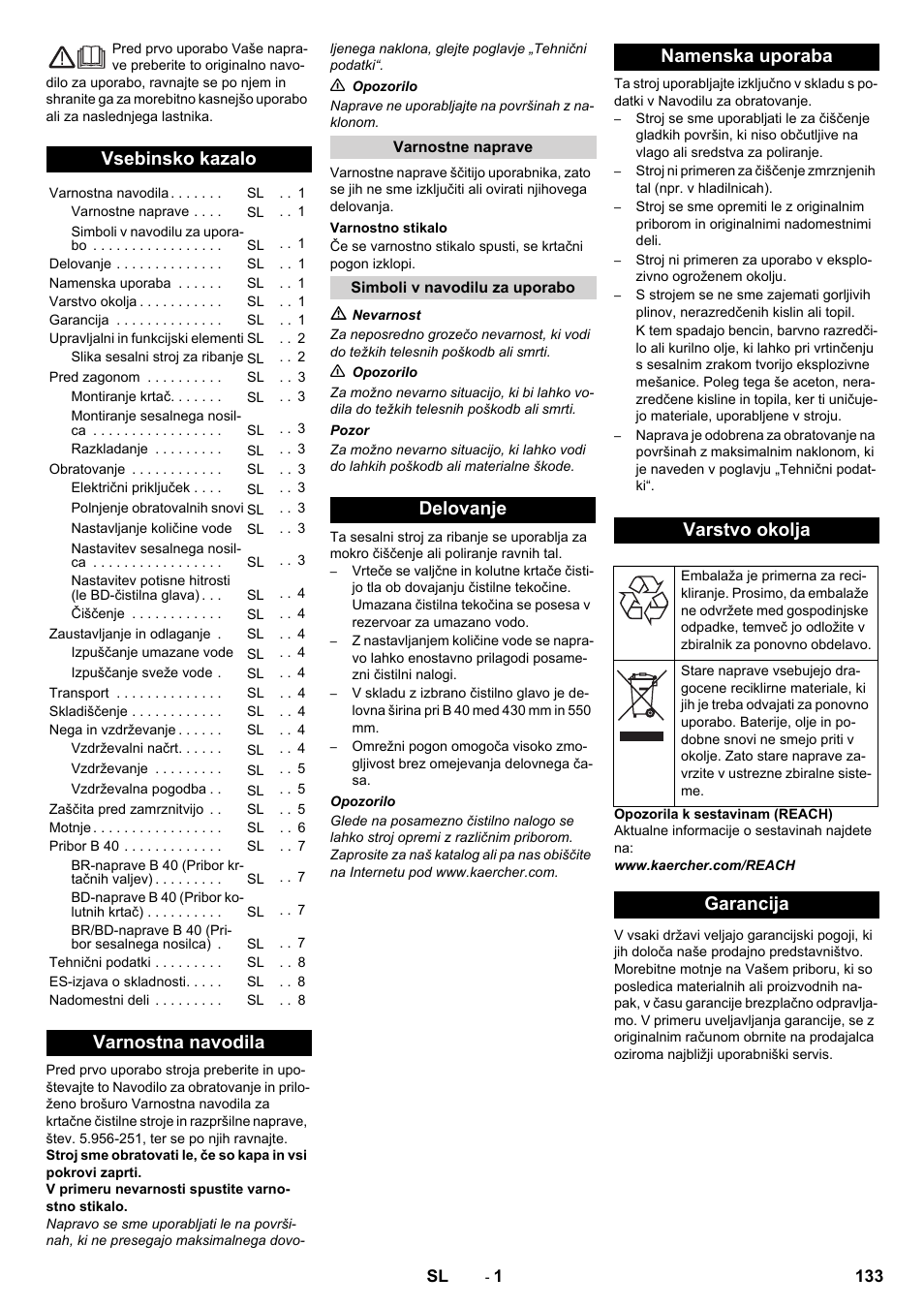 Slovenščina, Slovenšina, Vsebinsko kazalo | Varnostna navodila, Delovanje namenska uporaba varstvo okolja, Garancija | Karcher B 40 C Bp R 55 User Manual | Page 133 / 226