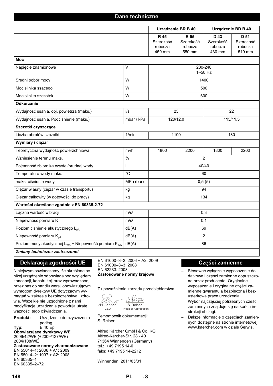 Dane techniczne, Deklaracja zgodności ue, Części zamienne | Karcher B 40 C Bp R 55 User Manual | Page 148 / 226