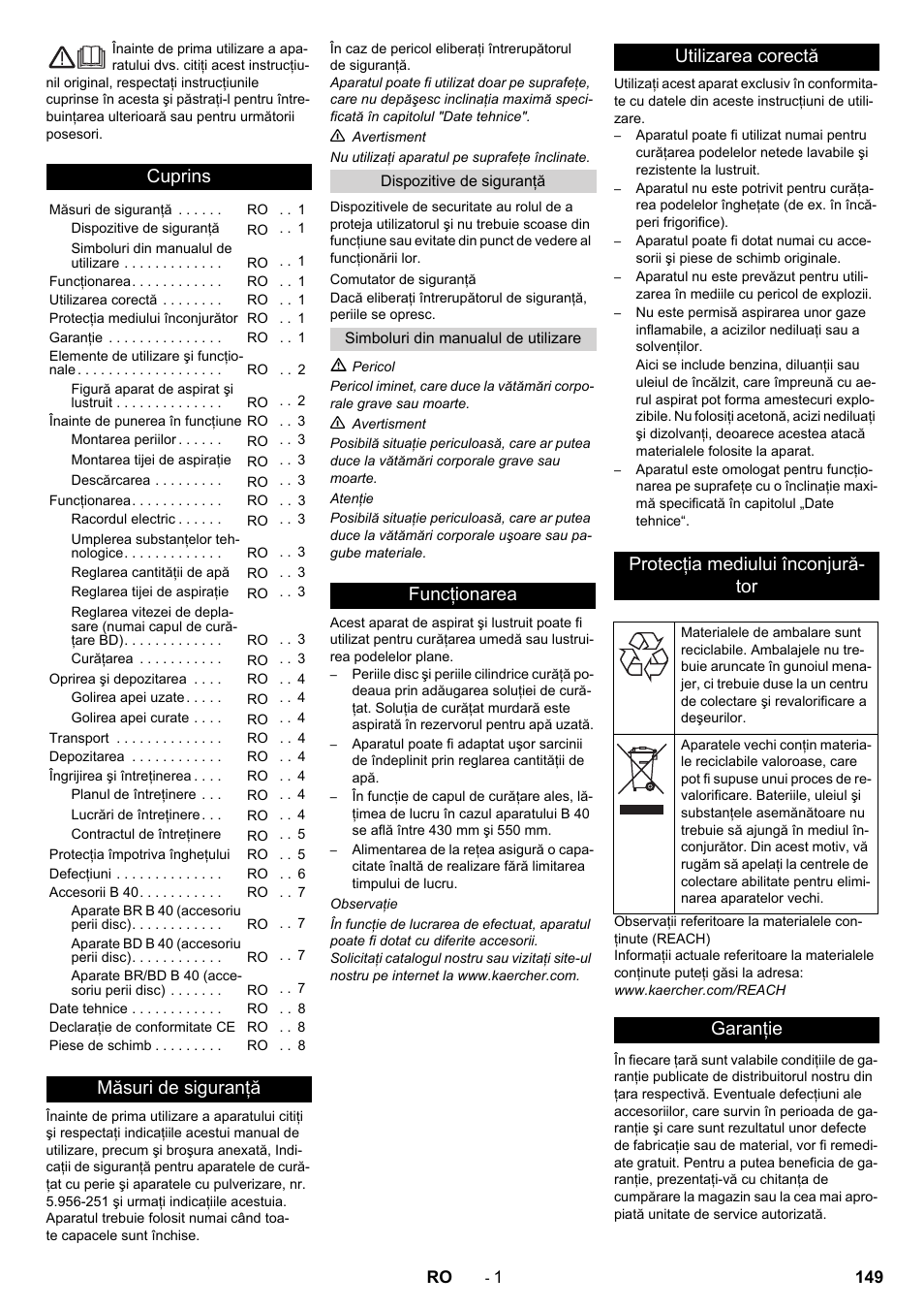Româneşte, Românete, Cuprins | Măsuri de siguranţă, Garanţie | Karcher B 40 C Bp R 55 User Manual | Page 149 / 226