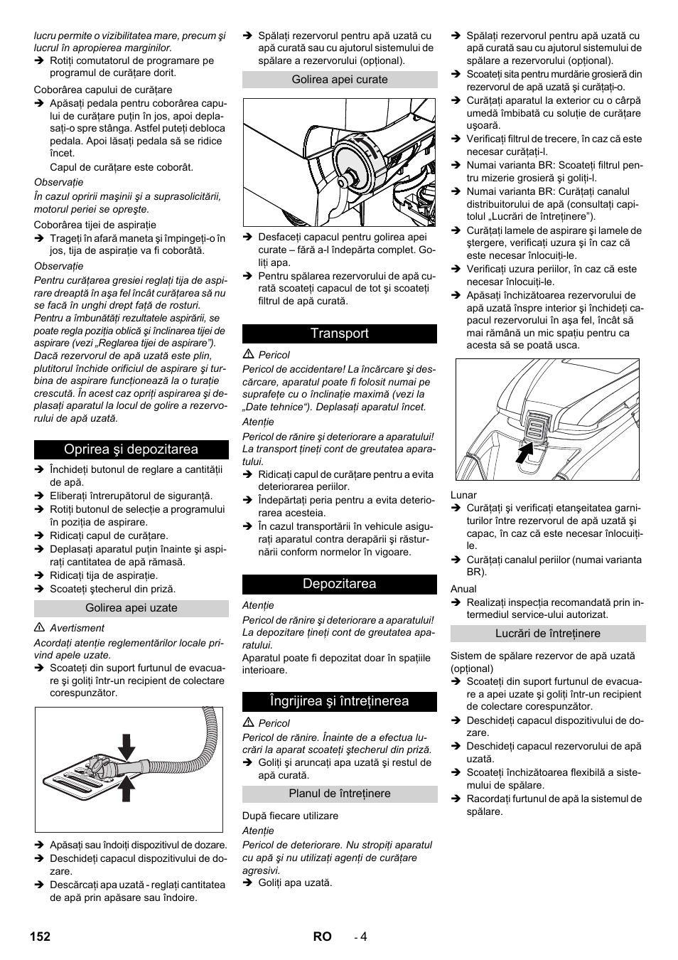 Oprirea şi depozitarea, Transport depozitarea îngrijirea şi întreţinerea | Karcher B 40 C Bp R 55 User Manual | Page 152 / 226