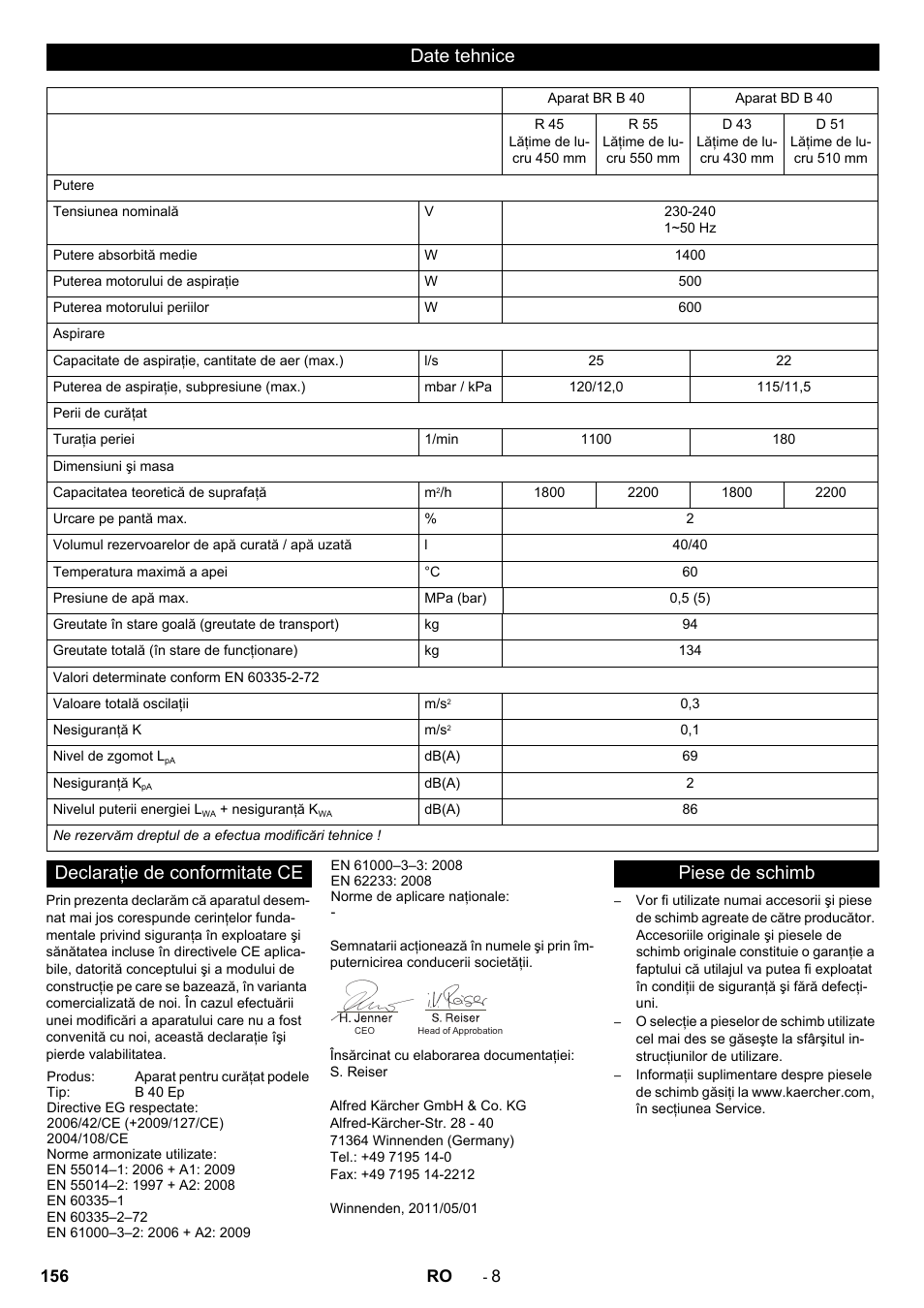 Date tehnice, Declaraţie de conformitate ce, Piese de schimb | Karcher B 40 C Bp R 55 User Manual | Page 156 / 226