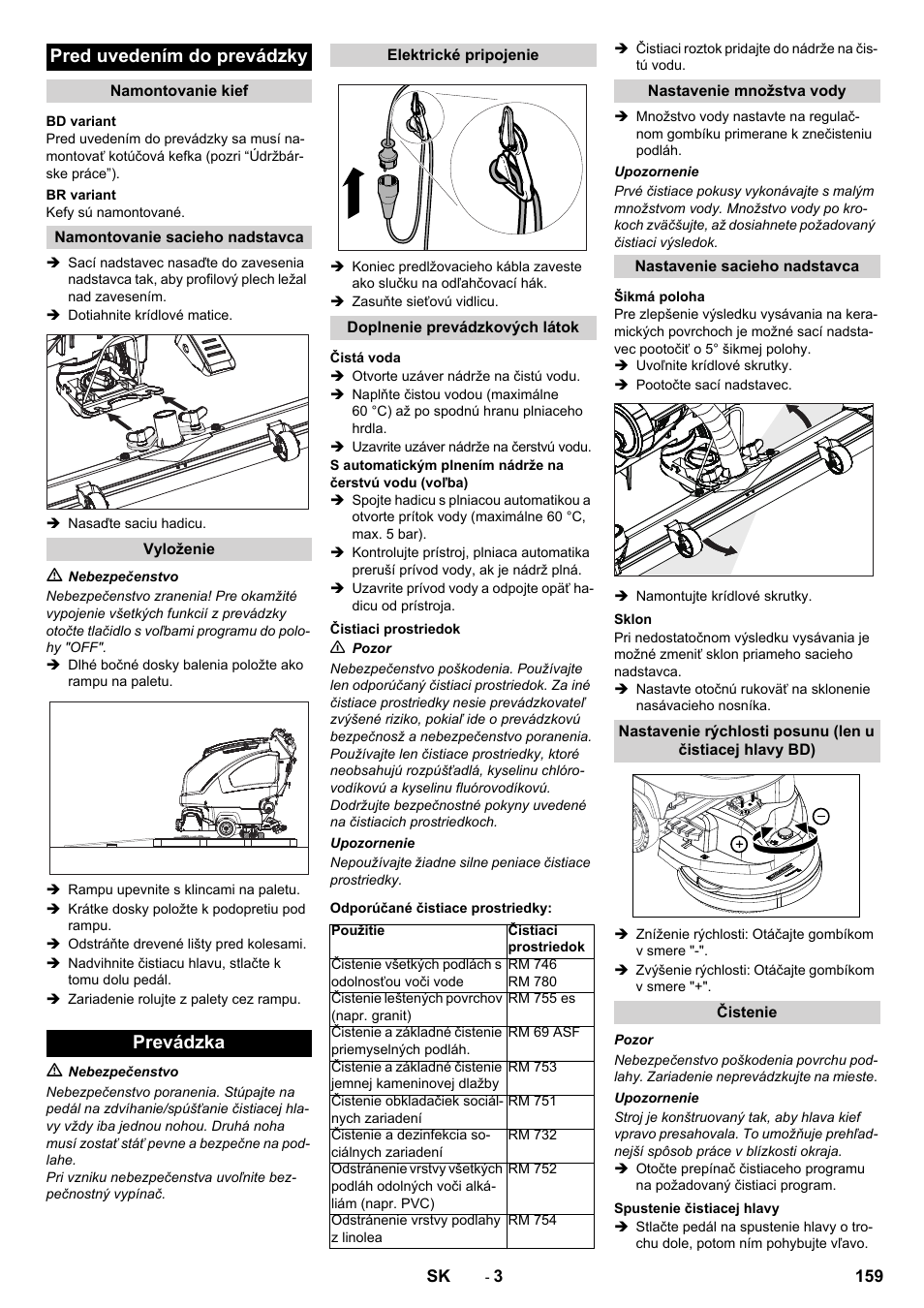 Pred uvedením do prevádzky, Prevádzka | Karcher B 40 C Bp R 55 User Manual | Page 159 / 226
