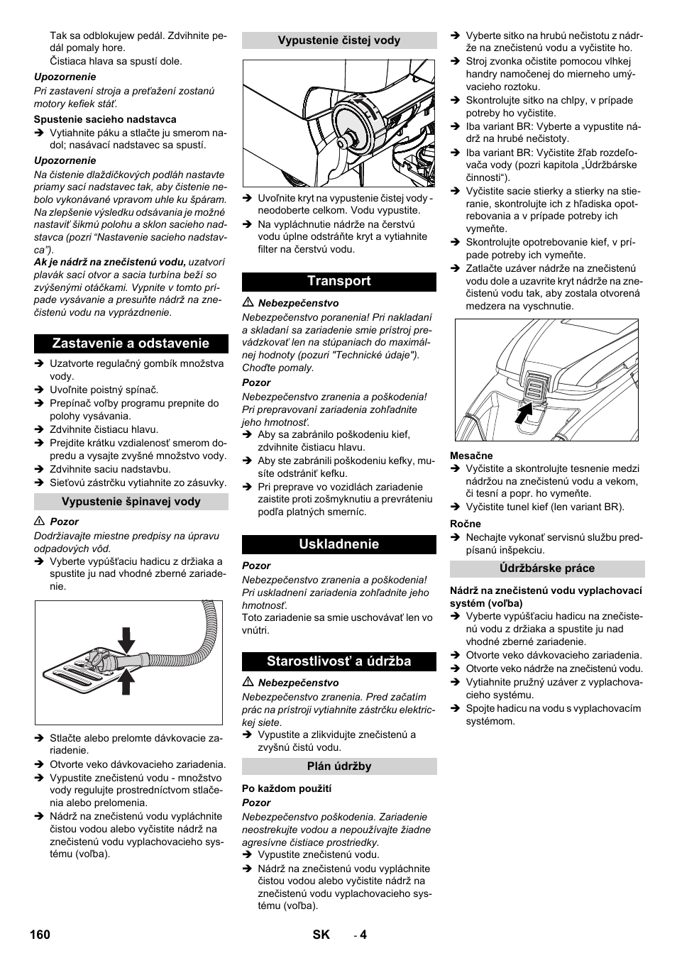 Zastavenie a odstavenie, Transport uskladnenie starostlivosť a údržba | Karcher B 40 C Bp R 55 User Manual | Page 160 / 226