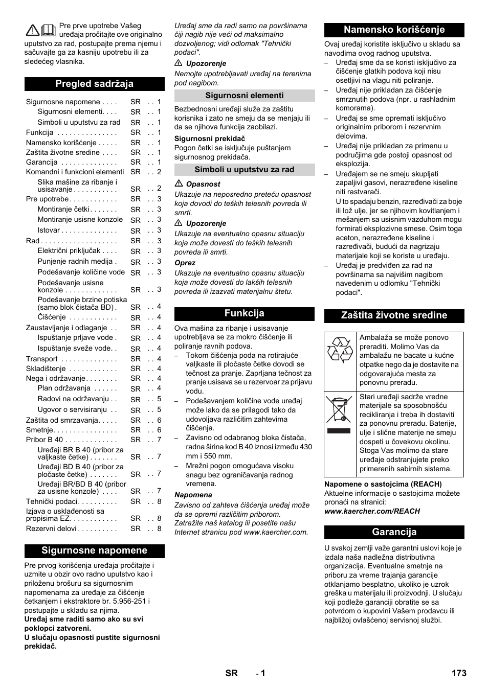 Srpski, Pregled sadržaja, Sigurnosne napomene | Garancija | Karcher B 40 C Bp R 55 User Manual | Page 173 / 226