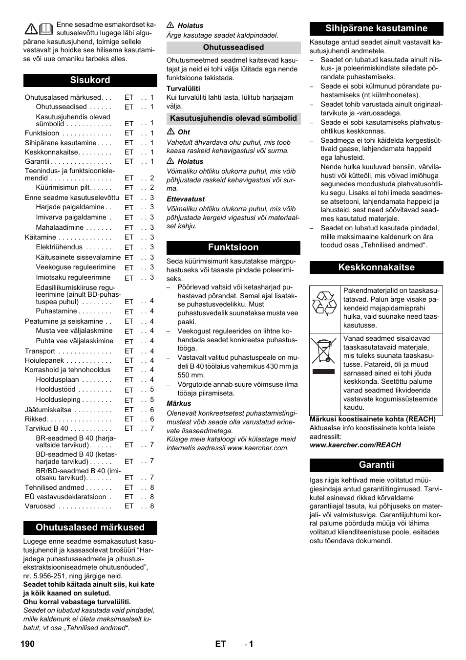 Eesti, Sisukord, Ohutusalased märkused | Funktsioon sihipärane kasutamine keskkonnakaitse, Garantii | Karcher B 40 C Bp R 55 User Manual | Page 190 / 226
