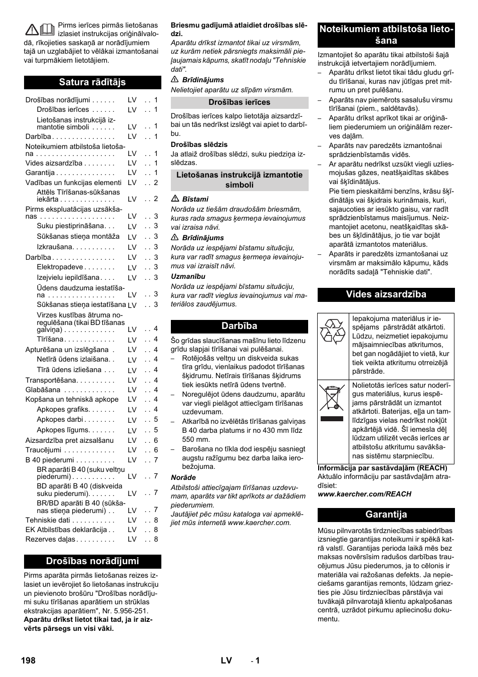 Latviešu, Satura rādītājs, Drošības norādījumi | Garantija | Karcher B 40 C Bp R 55 User Manual | Page 198 / 226