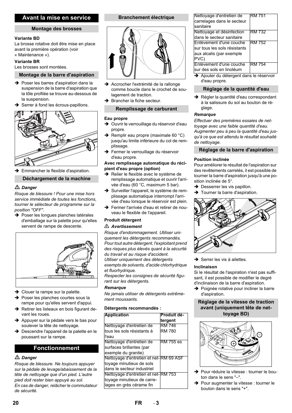 Avant la mise en service, Fonctionnement | Karcher B 40 C Bp R 55 User Manual | Page 20 / 226