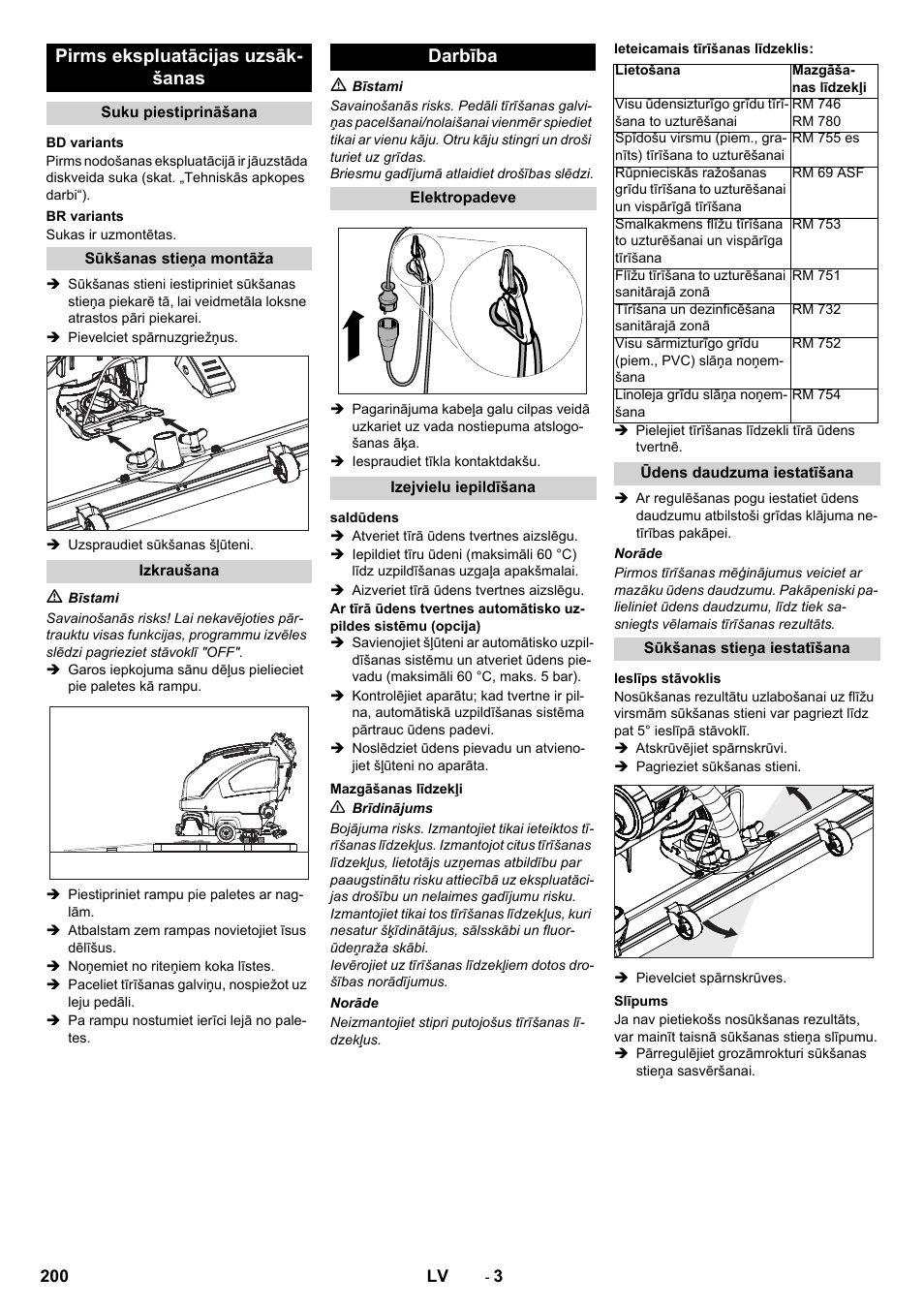 Pirms ekspluatācijas uzsāk- šanas, Darbība | Karcher B 40 C Bp R 55 User Manual | Page 200 / 226