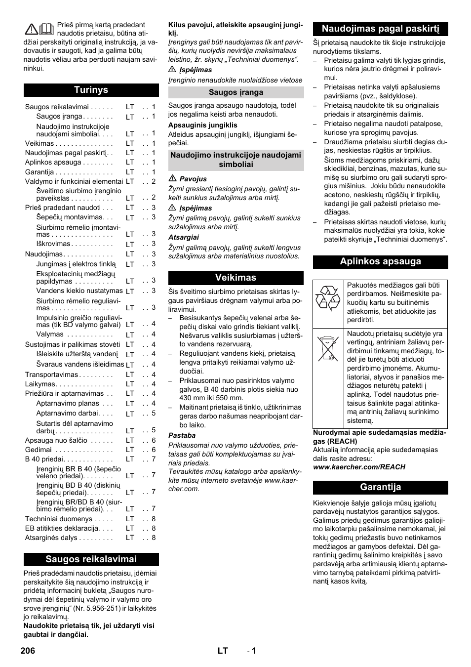 Lietuviškai, Turinys, Saugos reikalavimai | Garantija | Karcher B 40 C Bp R 55 User Manual | Page 206 / 226