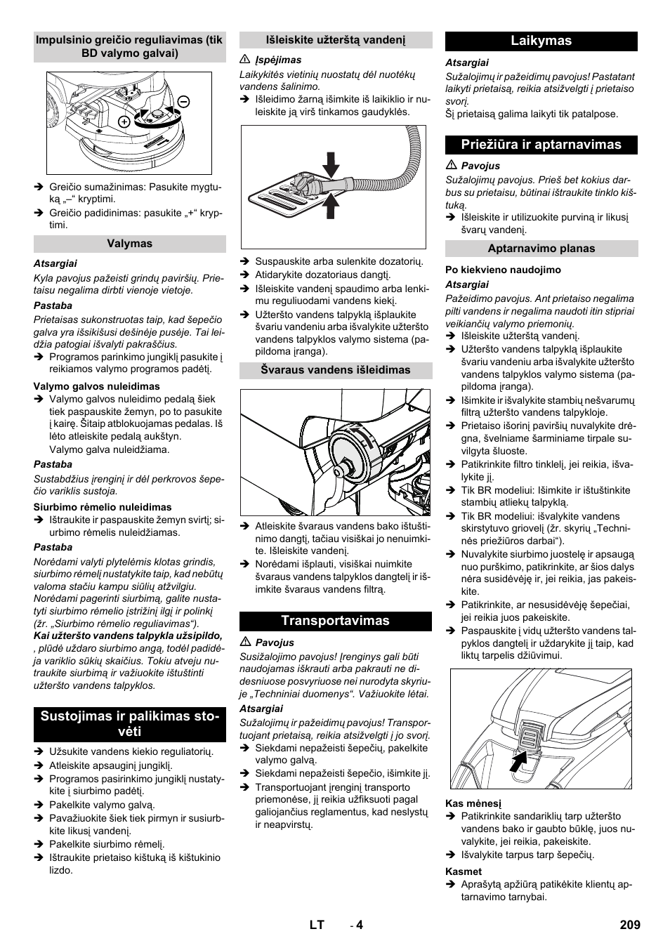 Sustojimas ir palikimas sto- vėti, Transportavimas laikymas priežiūra ir aptarnavimas | Karcher B 40 C Bp R 55 User Manual | Page 209 / 226