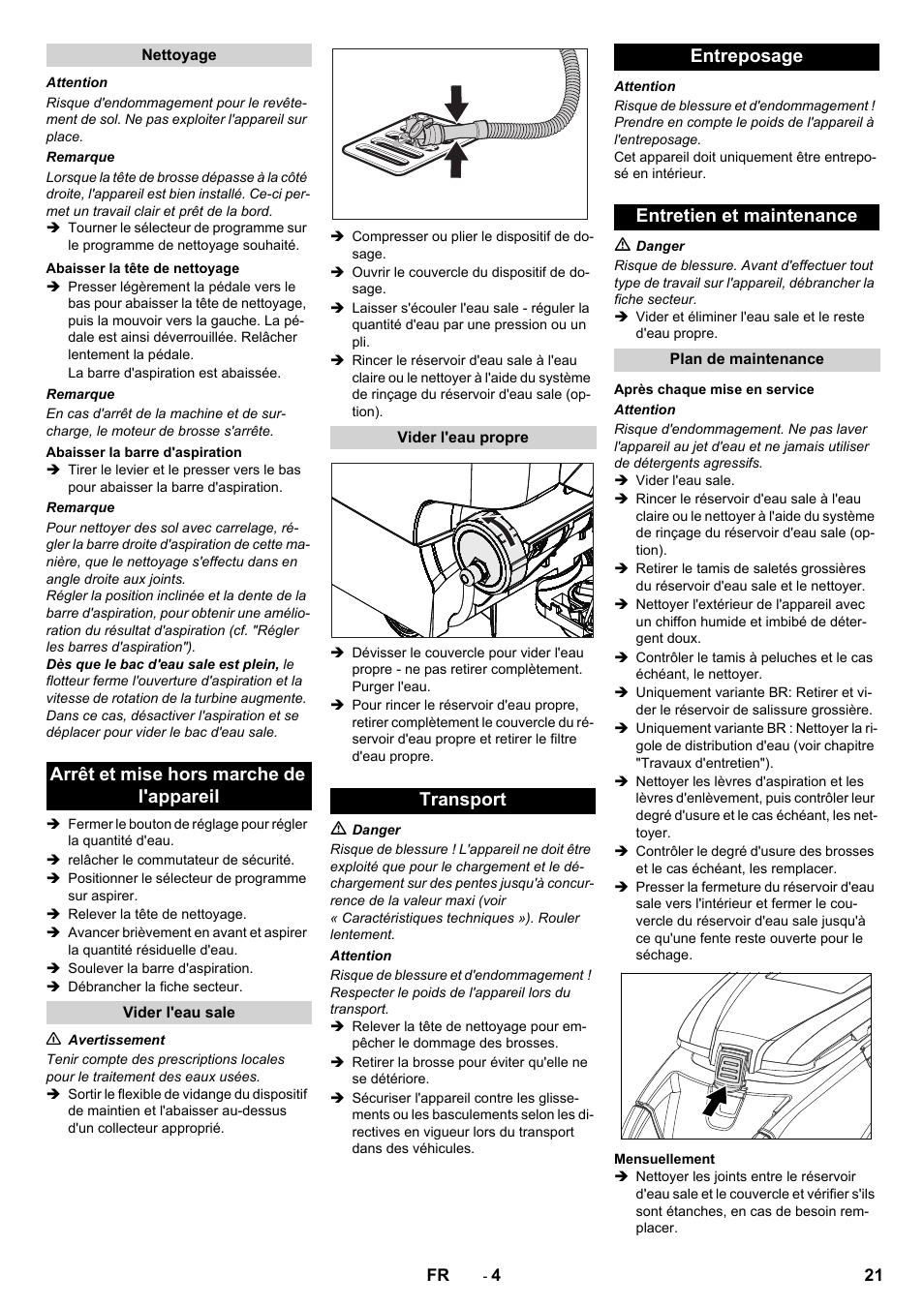 Arrêt et mise hors marche de l'appareil, Transport entreposage entretien et maintenance | Karcher B 40 C Bp R 55 User Manual | Page 21 / 226