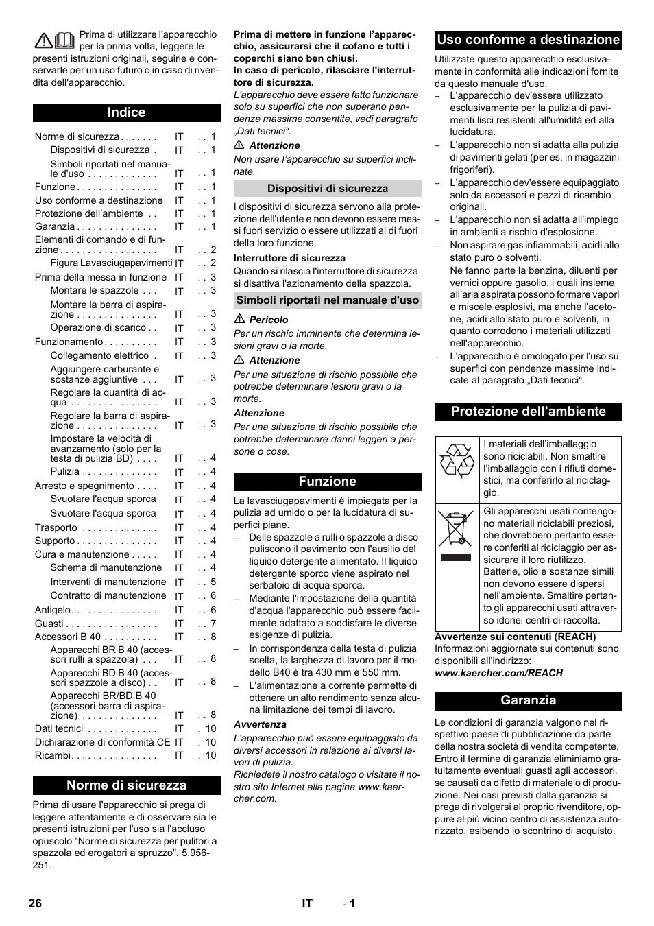 Italiano, Indice, Norme di sicurezza | Garanzia | Karcher B 40 C Bp R 55 User Manual | Page 26 / 226