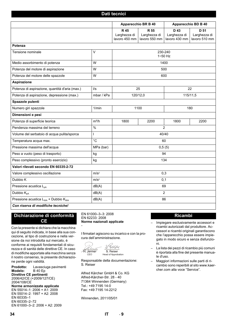 Dati tecnici, Dichiarazione di conformità ce, Ricambi | Karcher B 40 C Bp R 55 User Manual | Page 34 / 226