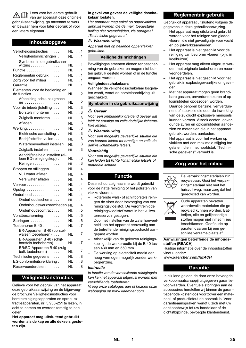 Nederlands, Inhoudsopgave, Veiligheidsinstructies | Functie reglementair gebruik zorg voor het milieu, Garantie | Karcher B 40 C Bp R 55 User Manual | Page 35 / 226