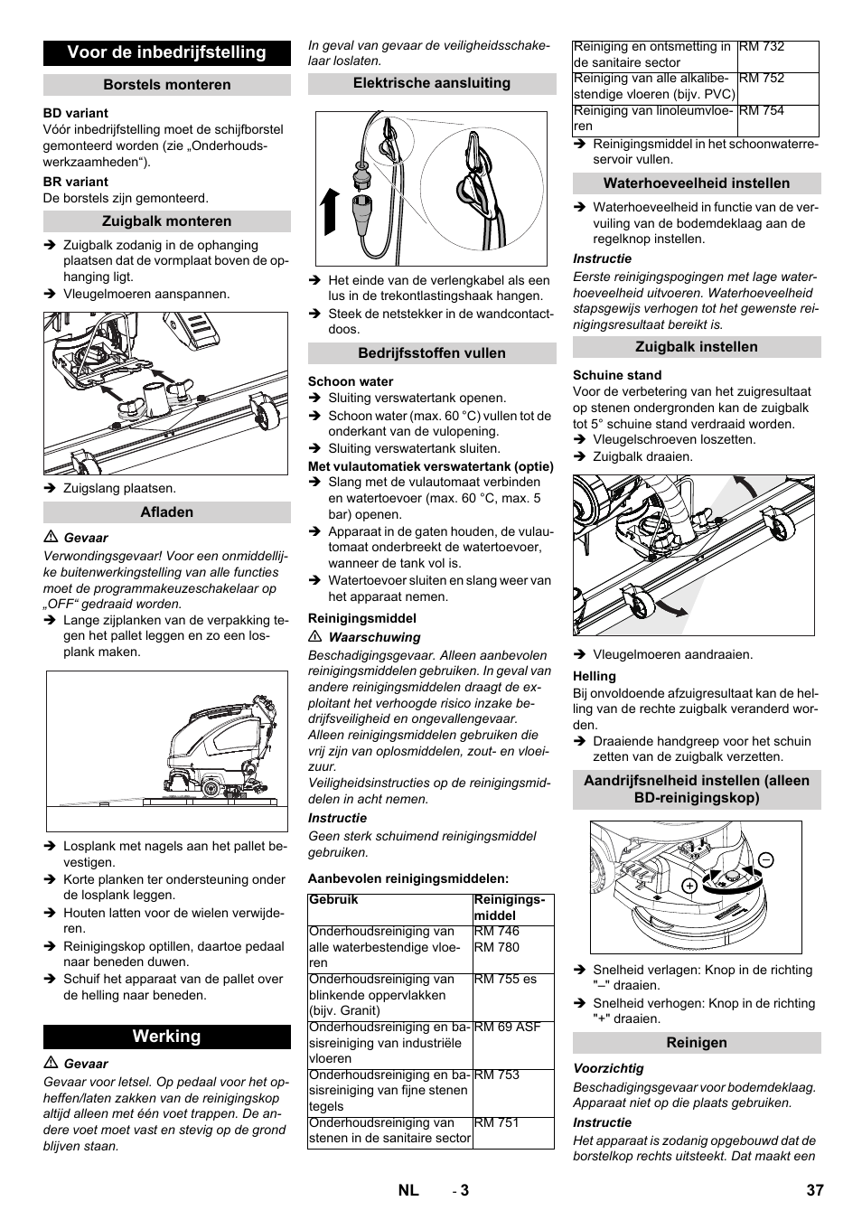 Voor de inbedrijfstelling, Werking | Karcher B 40 C Bp R 55 User Manual | Page 37 / 226