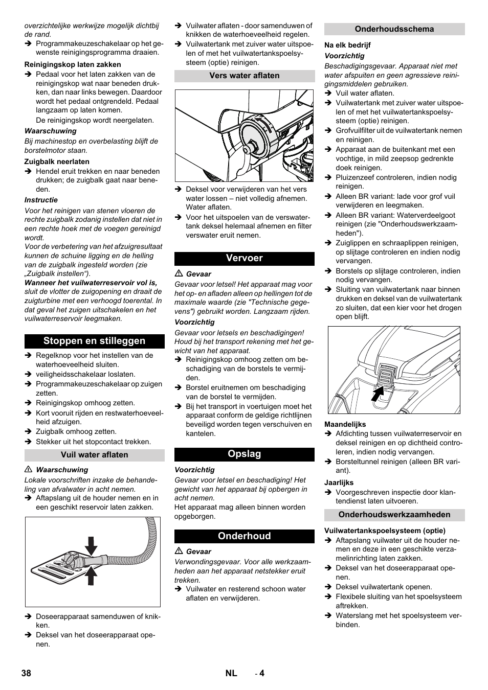 Stoppen en stilleggen, Vervoer opslag onderhoud | Karcher B 40 C Bp R 55 User Manual | Page 38 / 226