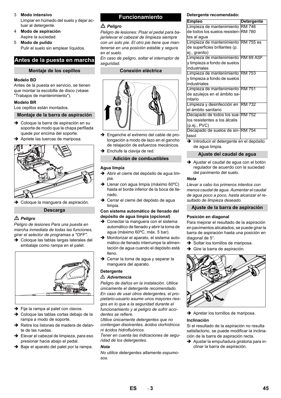 Antes de la puesta en marcha, Funcionamiento | Karcher B 40 C Bp R 55 User Manual | Page 45 / 226