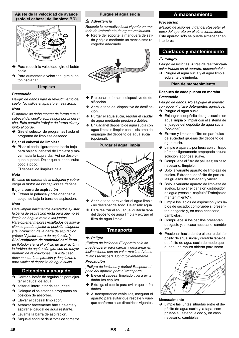 Detención y apagado, Transporte almacenamiento cuidados y mantenimiento | Karcher B 40 C Bp R 55 User Manual | Page 46 / 226