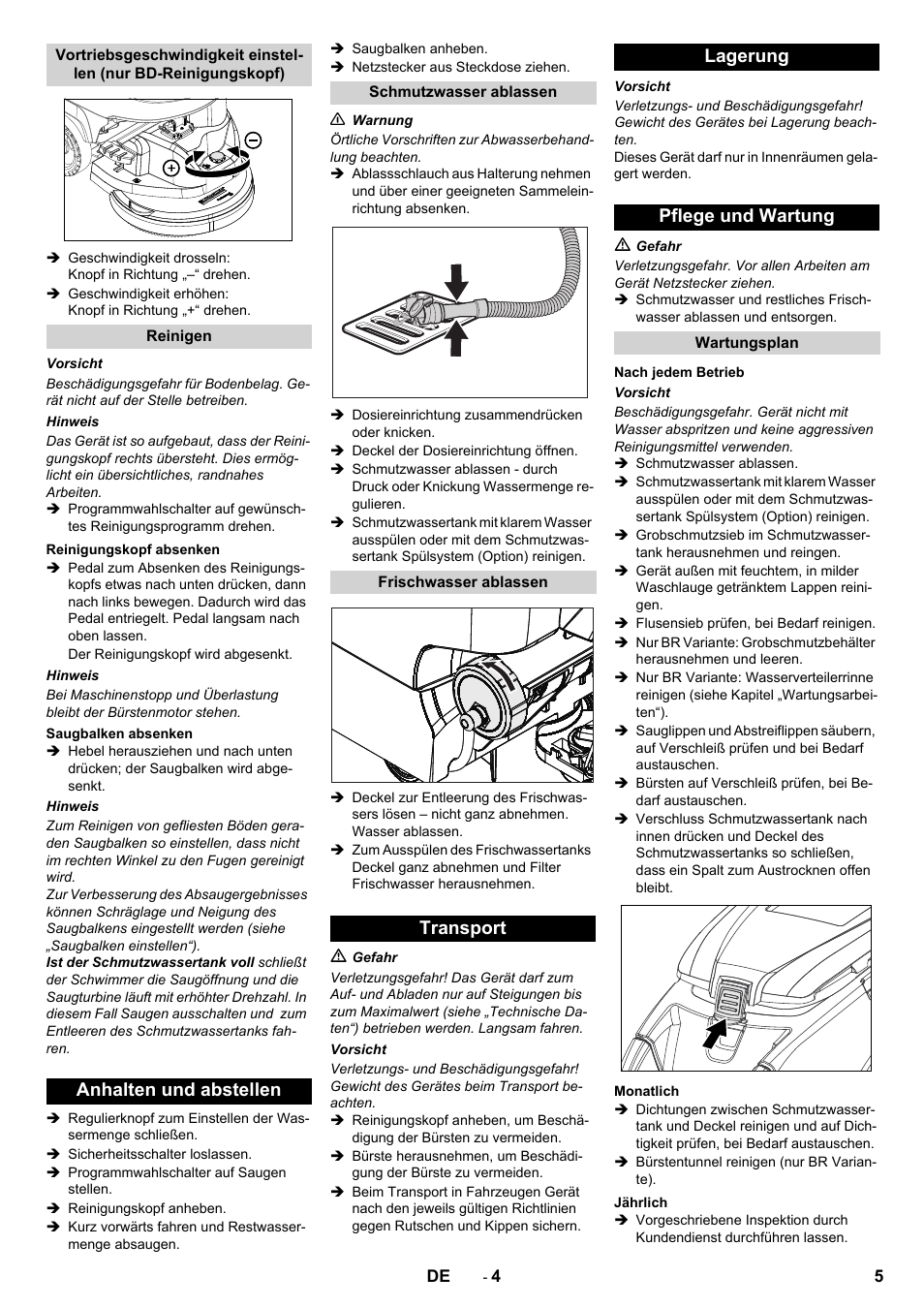 Anhalten und abstellen, Transport lagerung pflege und wartung | Karcher B 40 C Bp R 55 User Manual | Page 5 / 226