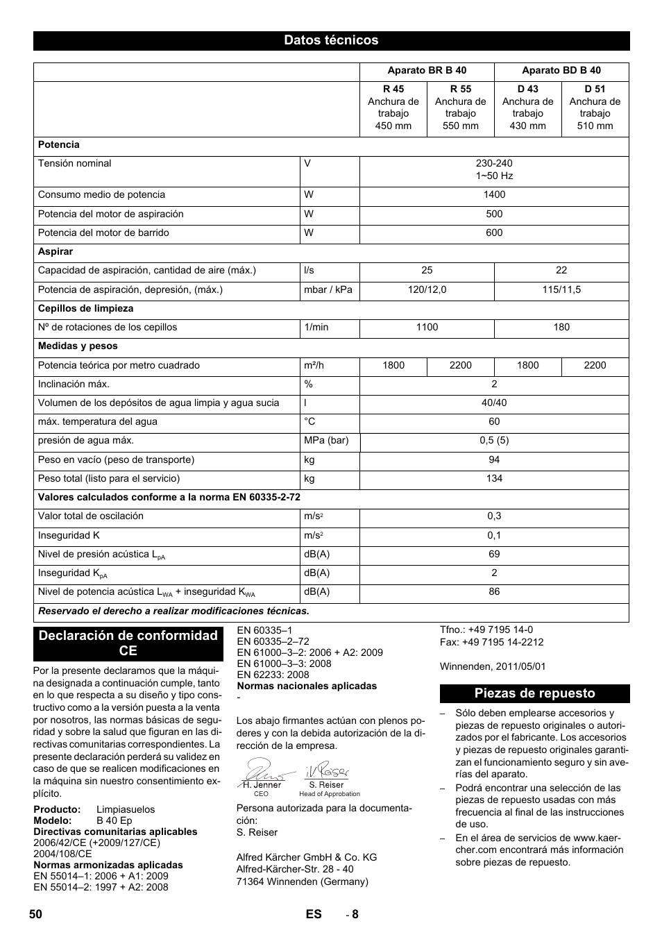 Datos técnicos, Declaración de conformidad ce, Piezas de repuesto | Karcher B 40 C Bp R 55 User Manual | Page 50 / 226