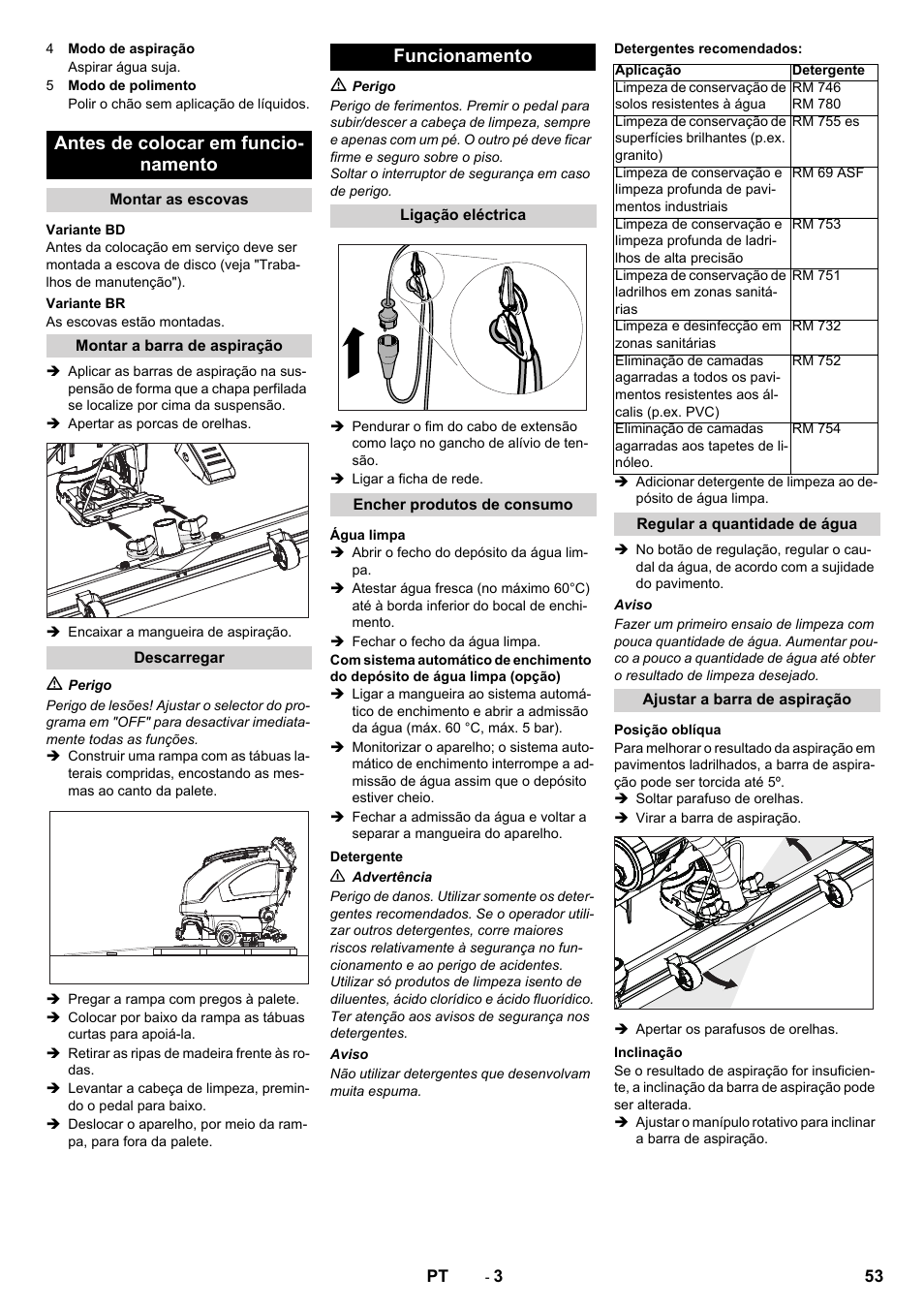 Antes de colocar em funcio- namento, Funcionamento | Karcher B 40 C Bp R 55 User Manual | Page 53 / 226