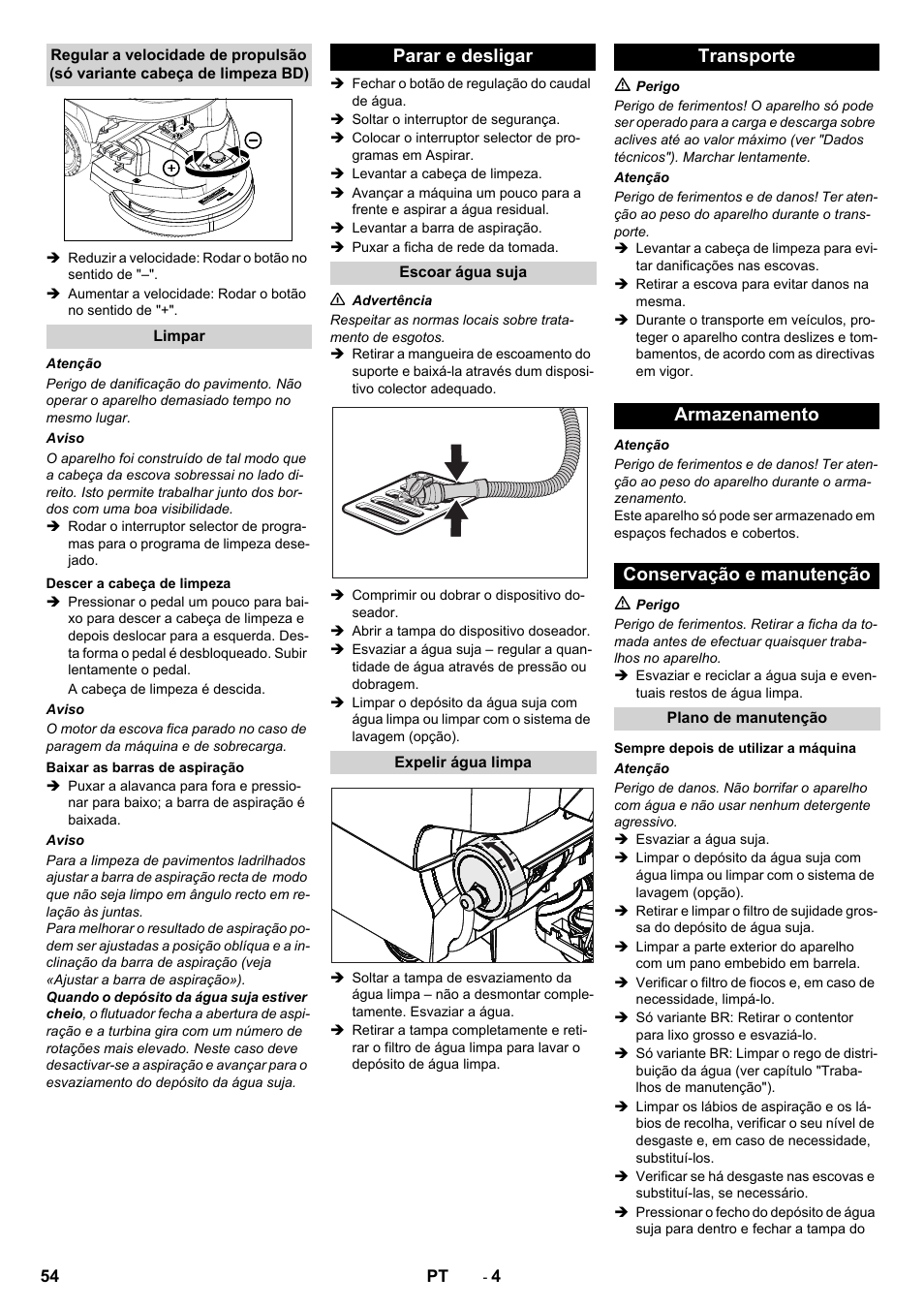 Parar e desligar, Transporte armazenamento conservação e manutenção | Karcher B 40 C Bp R 55 User Manual | Page 54 / 226